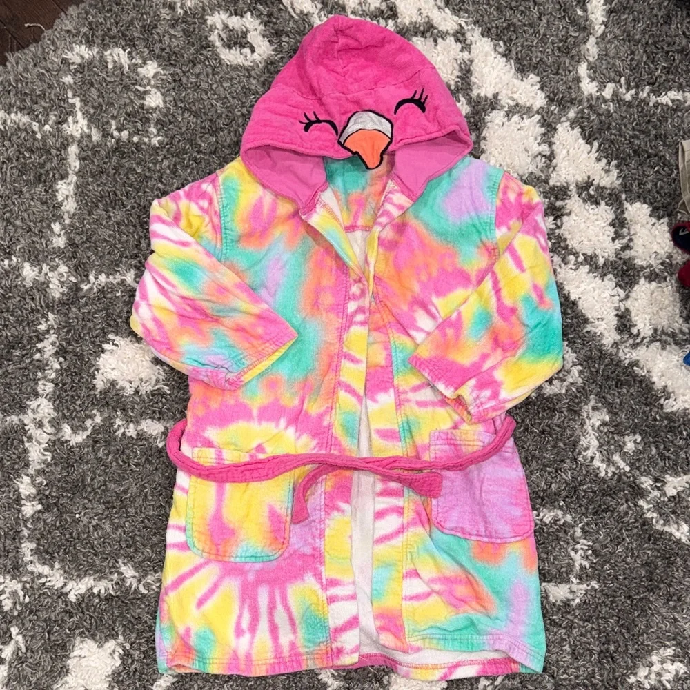 EUC Saint Eve Pink tie dye Flamingo Hooded Bathrobe cotton towel beach cover up - Picture 1 of 6
